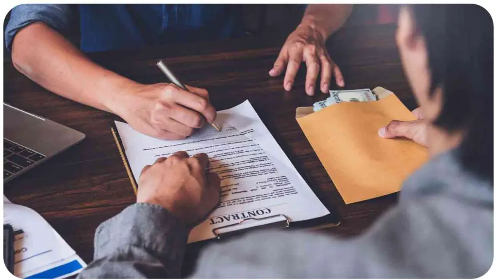 two people sitting at a table with papers and a pen