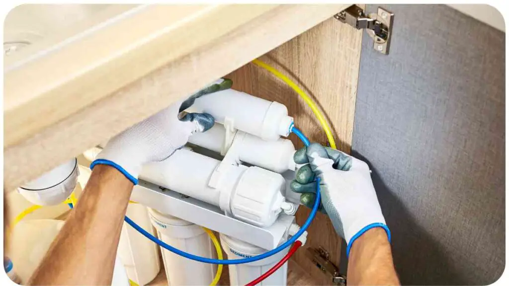 a person is fixing a water filter under a sink