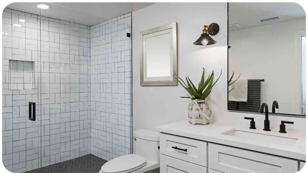 a bathroom with white tile and black fixtures