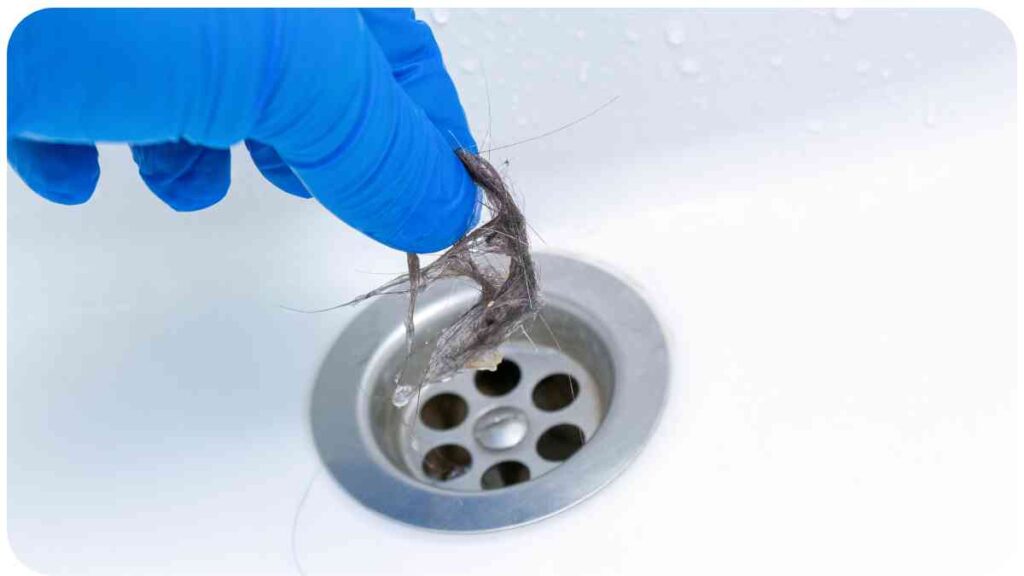 a person in a blue glove is holding a piece of hair out of a drain