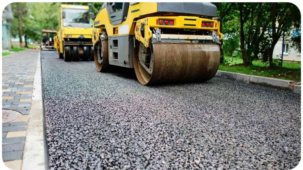 a road roller is working on a paved road