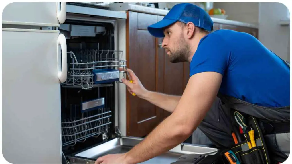 a person is fixing a dishwasher in the kitchen