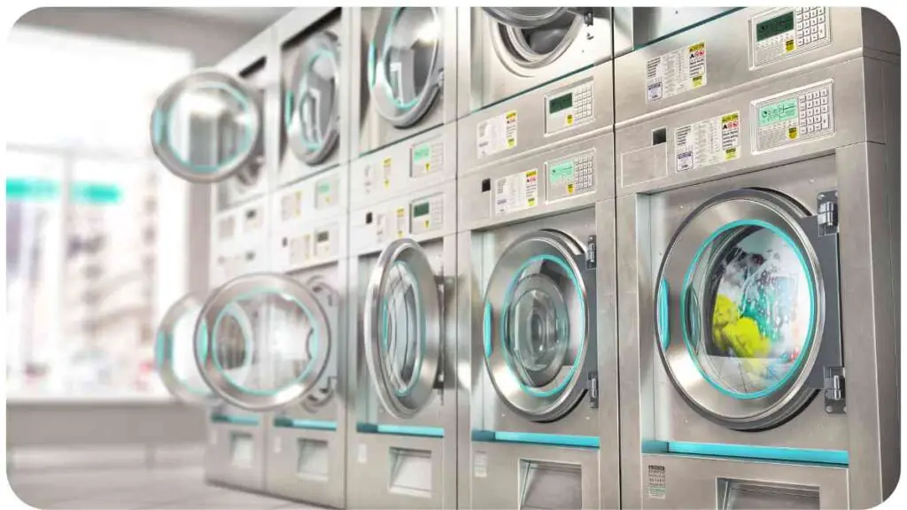 a row of washing machines in a laundry room