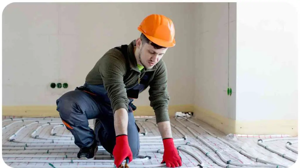 a person wearing an orange hard hat working on a floor