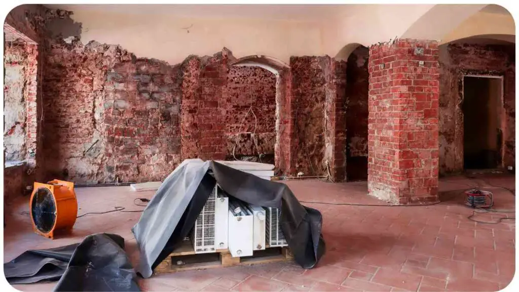 a room that is being remodeled with red brick walls