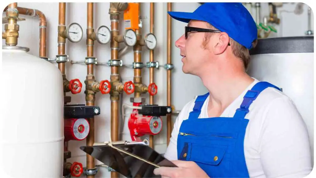 a person in blue overalls holding a clipboard while looking at a water heater