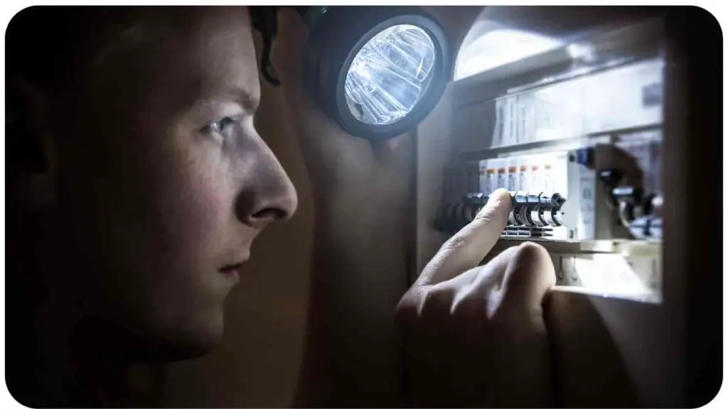 a person with a flashlight looking at an electrical panel