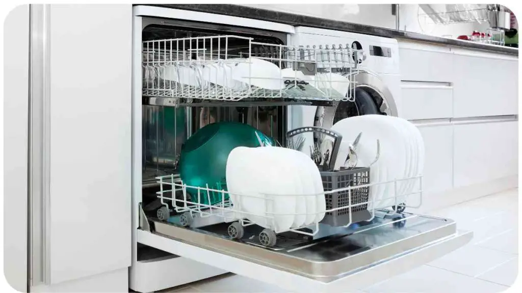 an open dishwasher with dishes in it