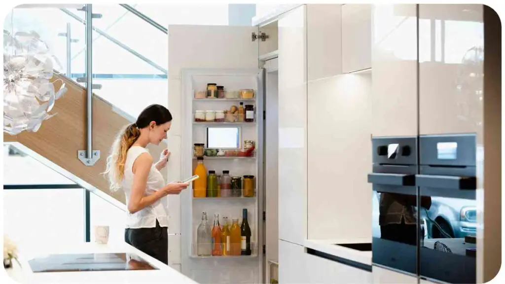 a person standing in front of a refrigerator in a modern kitchen